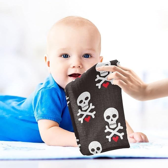 Baby Washcloths Cotton Skull Red Heart Baby Muslin Washcloths Soft Baby Face Towel for Newborn Infants Baby Wipes, 11.8 X 11.8 Inch, 5 Pack