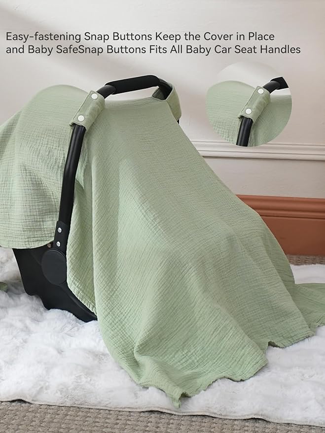 TILLYOU Baby Car Seat Cover, Breathable Muslin Cotton Infant Car Seat Cover, Lightweight Canopy with Sun and Bug Protection(Green)