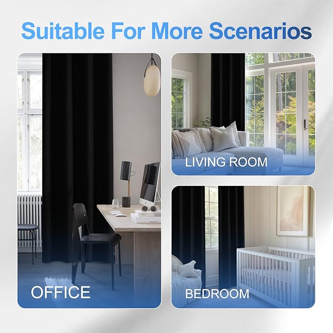 Linen 100% Blackout Curtains for Bedroom, Black Out Curtains 54 Inch Long, Room Darkening Curtains for Living Room, Long Curtain Grommets Drapes, Thermal Curtains(2 Panels, Black)