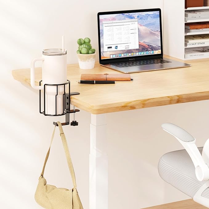 Large Desk Cup Holder, 2-in-1 Clip On Cup Holder with Headphone Hook, Heavy-Duty Metal Drink Holder for Insulated Tumblers, Big Water Bottles, Fits Office Desk Organizer, Dorm, Gaming Setup (1 Pack)