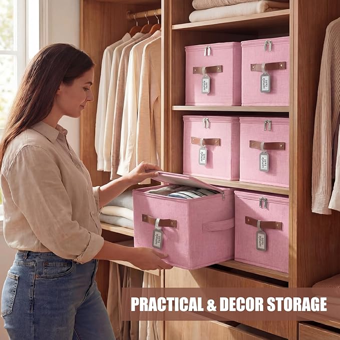6 Pack Fabric Closet Storage Bins with Zipper Lids and Label, 10×8×7In Large Size Foldable Cotton Linen Storage Cubes Boxes with PU Leather Handles Holders for Bedroom, Nursery, Pink