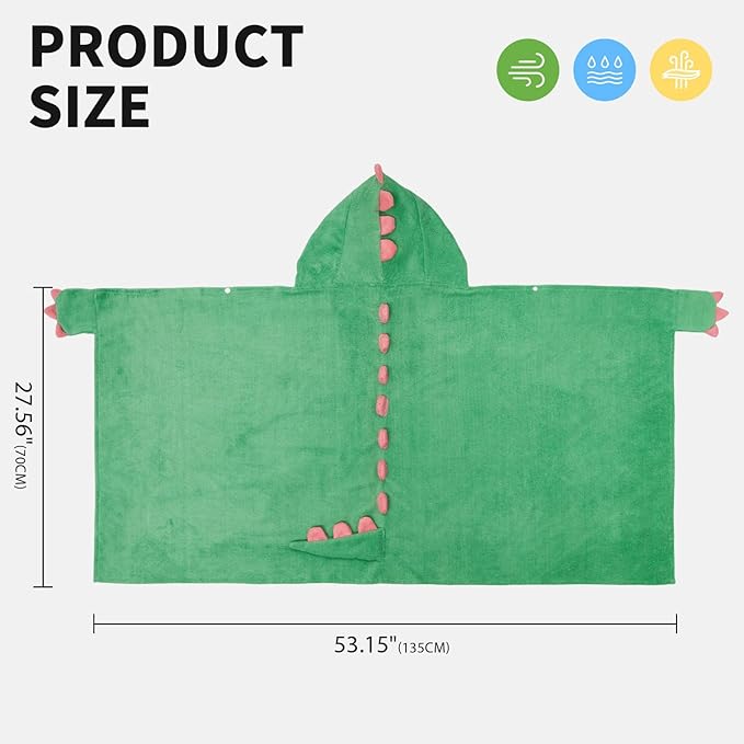 OLAOLA Dinosaur Hooded Towel for Kids 3-12 Years, 28" x 53" Soft Thick Absorbent Beach Towels, Toddler Bath Towel Wrap, Swim Pool Towels Poncho for Boys Girls