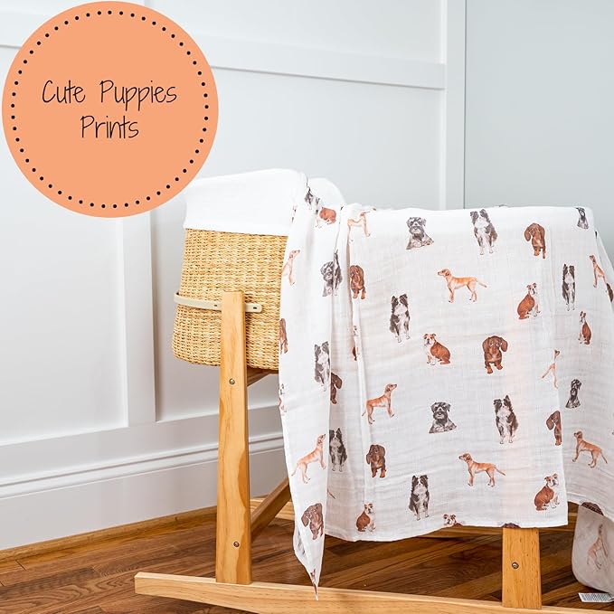 LollyBanks Muslin Swaddle Blankets 2PACK, 100% Cotton Baby Blanket 47 x 47 Inches, Large Baby Swaddle Breathable, Muslin Blankets for Boys and Girls (Cat and Dog Print)