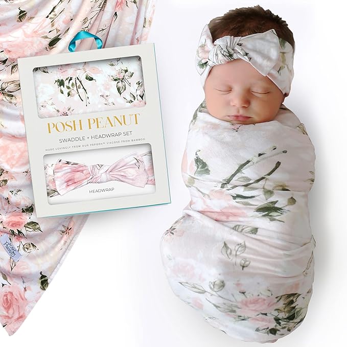 Posh Peanut Swaddle Blanket & Headband Set – Viscose from Bamboo Stretchy Baby Swaddle for Newborn Girls, Receiving Blanket or Nursing Cover