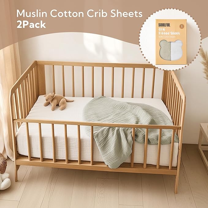 SOULFUL Muslin Crib Sheets for Boys Girls, 2 Pack Soft and Breathable Cotton Fitted Crib Sheets for Standard Crib Mattress (28"x 52", White & Mist Sage)