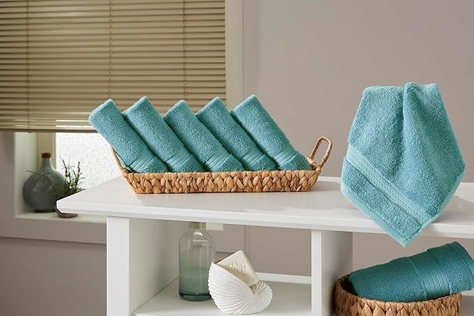 Ozdilek 6-Piece Washcloth Set 13x13 100% Turkish Cotton, 600 GSM, Soft, Gentle on Sensitive Skin, Multi-Purpose Use, Washable, Reusable, Ideal for Baby Care & Spa 6 Towels (Milky Blue)