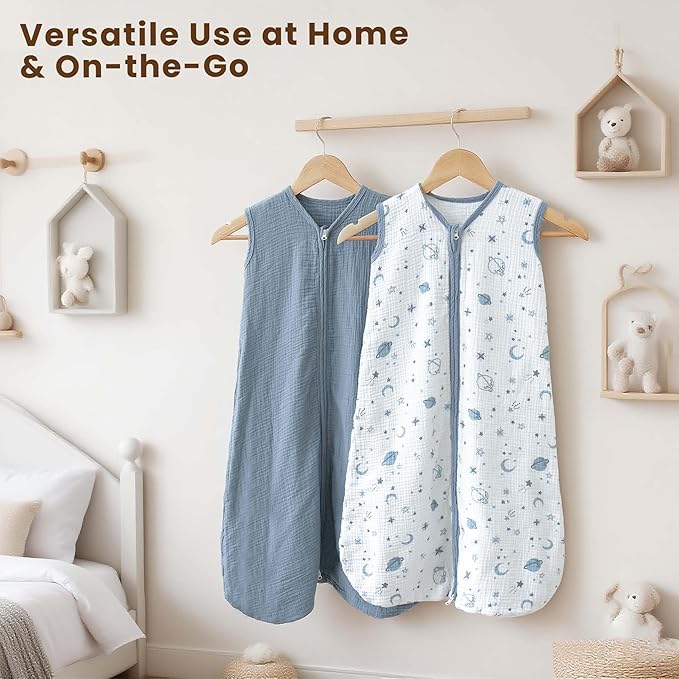 Konssy Muslin Baby Sleep Sack 18-24 Months 0.8 TOG, 2 Pack 100% Cotton Wearable Blanket for Babies, 2-Way Zipper Breathable Sleeping Sack Infant Toddler Essentials for Girls and Boys (Star, Blue)