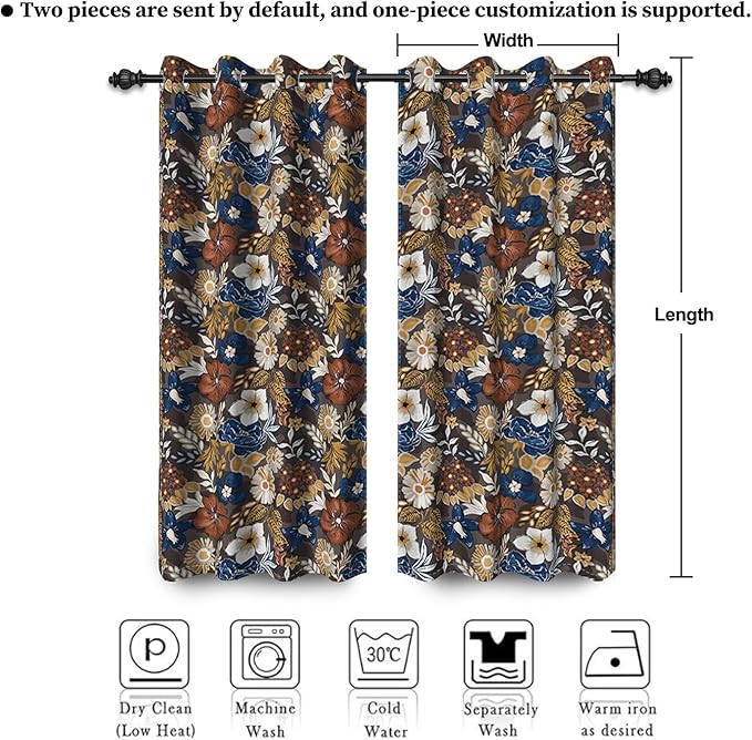 Renaiss Bohemian Floral Blackout Curtains, Blue Brown White Flower Thermal Insulated Bedroom Window Curtains, Boho Style Patterned Window Drapes for Living Room, 108" L x 53" W 2 Panel Set