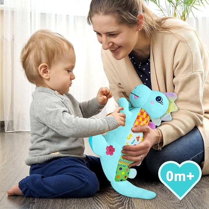 Baby Dino Musical Stuffed Animal Toys for 0-3-6-9-12 Months,Infant Dinosaur Tummy Time Toys with Crinkle Sound Paper,Teether,Textures & Rattles for Newborn Boys Girls Birthday Gifts,Blue