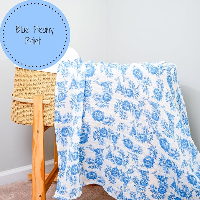 LollyBanks Baby Swaddle Blanket, 100% Cotton Muslin Blankets for Girls, Large 47 x 47 Inches Soft and Breathable Swaddles for Newborns, Gentle Baby Wrap Swaddle, Registry (Blue Peony Print)