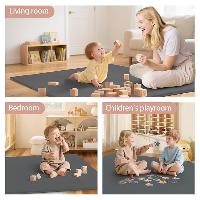 PapaMama 1.3" Thick Baby Play Mat for Floor Playpen, 50x50 Foam Tummy Time Mat, Padded Support Soft Plush Nursery Rug for Infant Kids Toddler Crawling Kick Activity (Dark Grey)