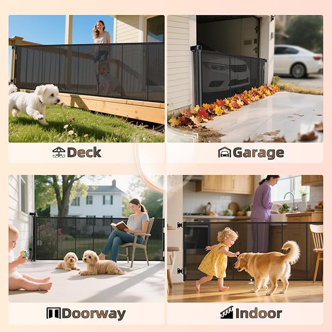 150 inch Retractable Baby Gates 34 inch Tall, Retractable Gate with Reinforced Strip Design to Prevent Crawling Through, 12 FT Extra Wide Retractable Dog Gate for Indoor/Outdoor