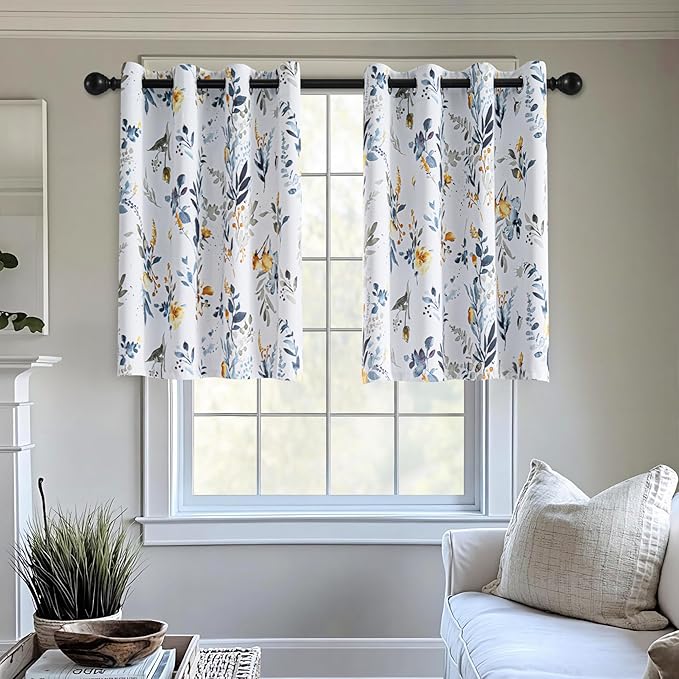 MYSKY HOME Floral Kitchen Tier Curtains 36 Inches Long Grommet Room Darkening Thermal Insulated Half Window Drapes for Small Windows Cafe Bathroom, W52, 2 Panels, Yellow and Blue