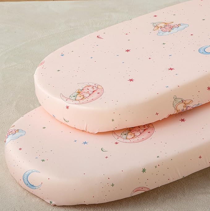 SDY Jersey Bassinet Sheets for Baby Girls,32 "x 16 "x 4",2 Pack,Pink Bunny Easter Day Style Standard Oval/Retangle Bassinet Mattress Sheets for Toddler,Super Soft Breathable