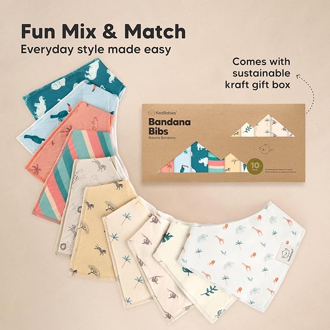 KeaBabies 10-Pack Organic Baby Bandana Bibs for Girls - Super Absorbent Triangle Baby Bibs for Drooling and Teething Infant, 100% Cotton Extra Soft for Newborn, Infant 0-36 Months (Mesozoic)