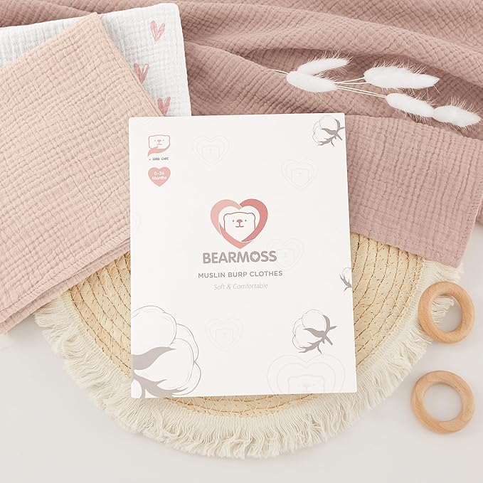 Bearmoss 100% Cotton Muslin Burp Cloths, 6 Pack Absorbent Large Baby Burping Cloths for Boy, Girl, 23.6" X 23.6" Newborn Essentials (Pink Print)