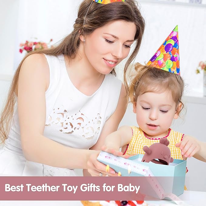 Baby Teether Toy for Infants 3–24 Months, Silicone Biting Toy with Handle, Textured Surface for Gum Soothing, Easy to Hold and Clean, Travel-Friendly Design (Chicken Dark Pink)
