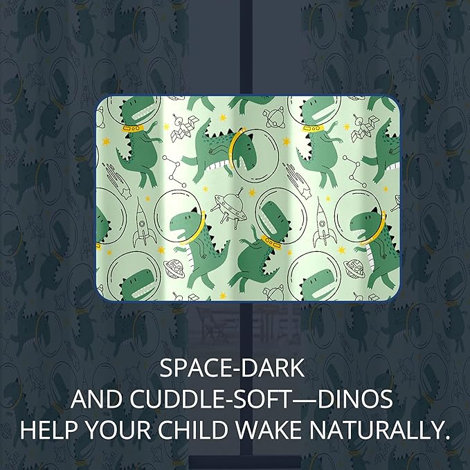 Kids Space Dino Blackout Curtains - 100% Blackout, Thermal Insulated, Noise Reducing, Perfect for Kids Room and Nursery, 2 Panels (Cosmo Dino Green, W52×L63)