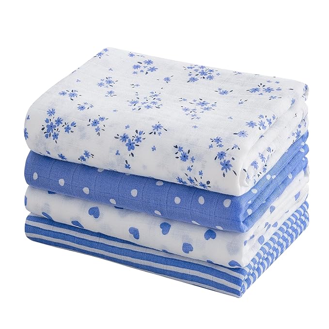 Viviland Muslin Swaddle Blanket, Baby Swaddle Blanket for Boys & Girls, Nursery Receiving Blanket for Newborn, Baby Swaddle Wrap Soft Silky & Breathable, 4 Packs, 47 X 47In, Blue Floral