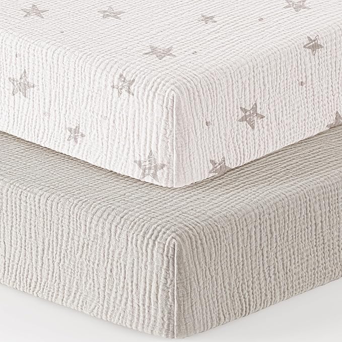 Bearmoss Muslin Crib Sheets - 100% Cotton Baby Crib Sheets Fitted for Standard Crib Mattress & Toddler Bed Mattress 52"x28" Soft Breathable Crib Sheet Neutral for Boys Girls - 2 Pack (White Star)
