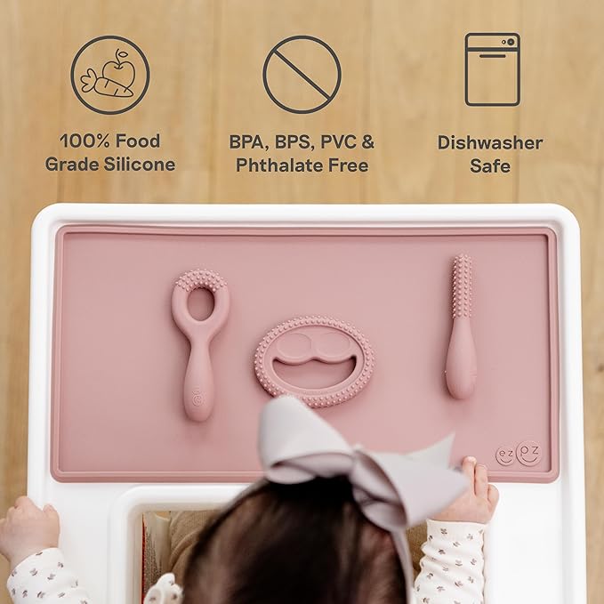 ezpz Oral Development Tools (3 Pack in Blue) - 3 Months+ - Non-Slip Loop, Smile and Stick 100% Silicone Tools - Prepare for Chewing + Solids - Baby-Led Weaning Supplies