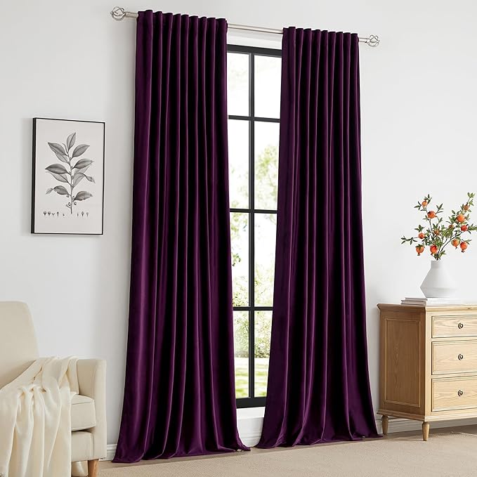 PRIMROSE 100% Full Blackout Purple Velvet Curtains 96 inch Long for Living Room,Set of 2 Liner Rod Pocket Back Tab Thermal Window Curtains Room Darkening Heavy Decorative Curtains Drapes for Bedroom