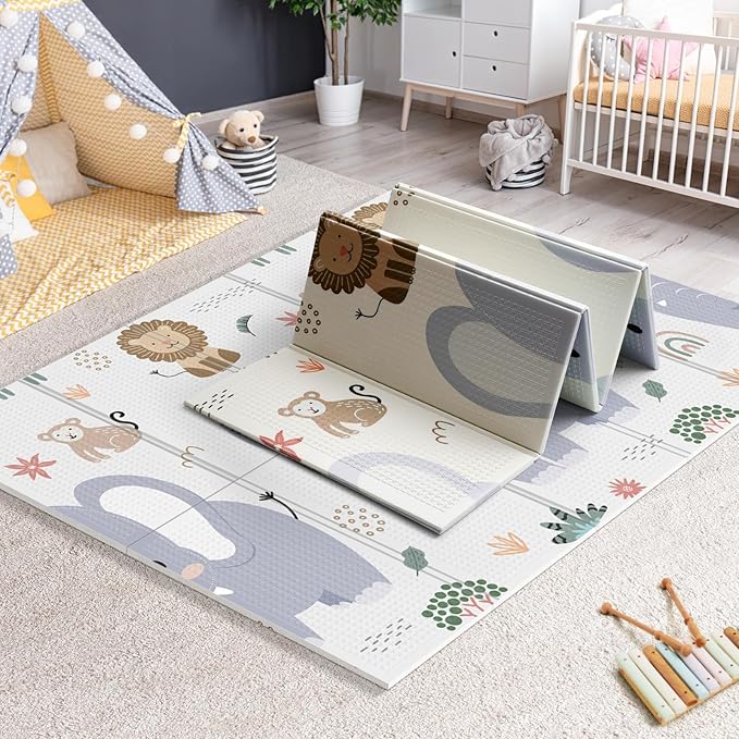 Foldable Foam Baby Play Mat for Floor, Babies Activity Tummy Time Playmat, Kids Non Toxic Foam Thick Play Mat for Baby, Toddlers, Waterproof & Anti-Slip Crawling Mats, Elephant,71x59