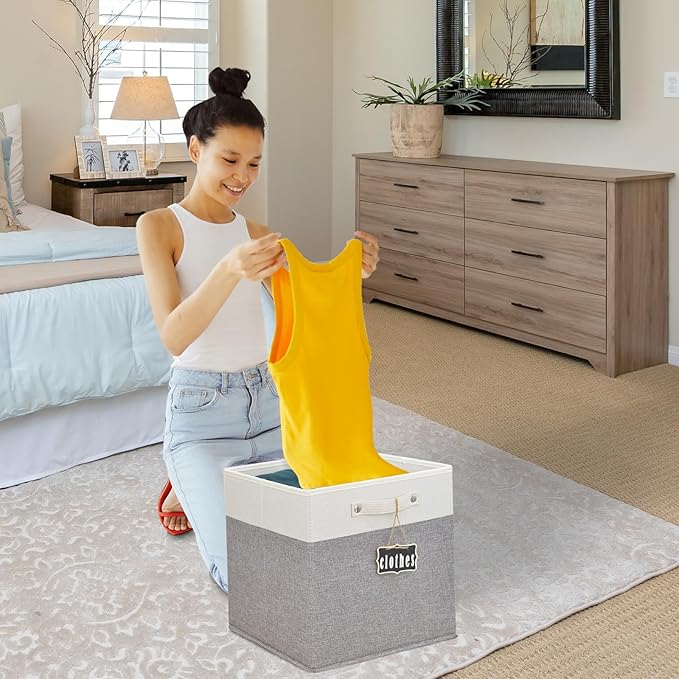 12x12 storage cube bins 4 Pack,Collapsible Fabric Storage Cubes with Labels,Linen Cube Storage Organizer Bins with Cotton Handles,Square Storage Cubes for Home,Office,Clothes,Cabinet (White Grey).