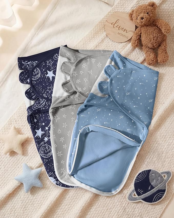Baby Swaddles for Newborns with Zipper, 100% Cotton Newborn Swaddle Sack, 3 Pack Baby Swaddles 3-6 Months Swaddle Sleep Sack for Newborn Baby Boy Girl Blue Planet