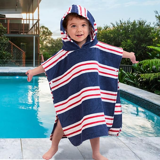 Toddler Bath Towels with Hood, Oversized (2-4Years,22"X22") Made from 100% Soft Cotton,Absorbent Hooded Poncho Towel for Baby Girl,Perfect for Pool | Swimming | Bath | Beach,Navy Red Stripe