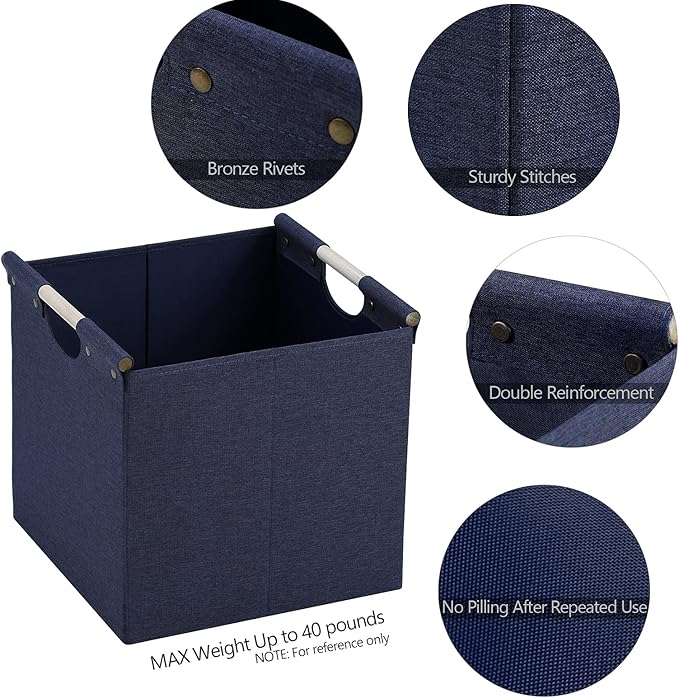 HOONEX Collapsible Storage Bins, 12x12x12in Storage Cubes Linen Fabric, 3 Pack, Storage Baskets with Wooden Carry Handles and Sturdy Heavy Cardboard, for Home, Office, Car, Nursery, Blue