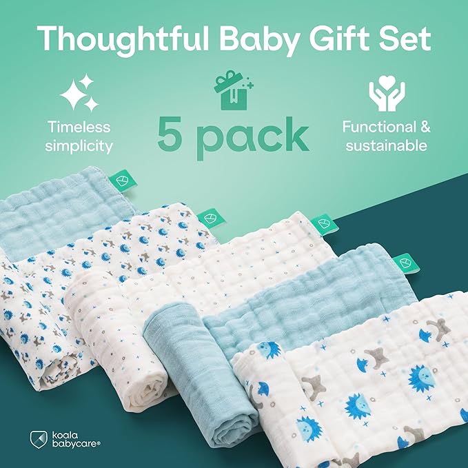 Koala Babycare 5 Pack 20"x10" Muslin Burp Cloths for Baby Boys and Girls - GOTS & Oeko-TEX Cotton Burp Rags for Newborns - Absorbent Neutral Burping Cloths for Feeding - Washable Baby Bibs Essentials