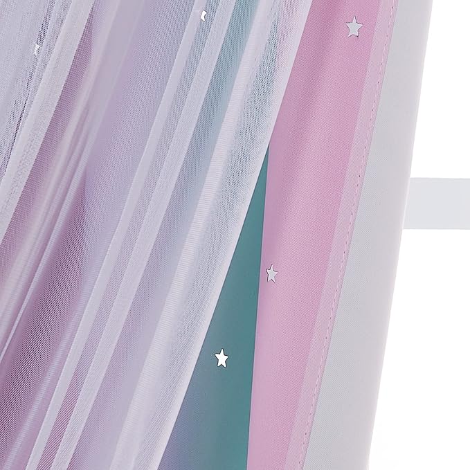 NICETOWN Baby Room Decor, White Gauze & Blackout Drapes Assembled, Star Cut Romantic and Colorful Curtains with Versatile Styling Options for Birthday Party (Blue & Purple & Pink, Each is W52 x L84)