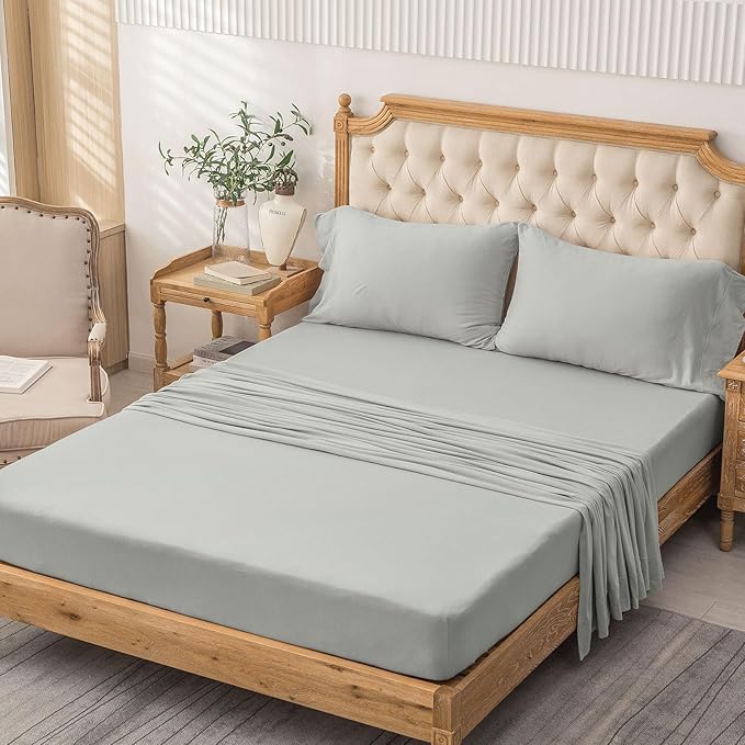 PURE ERA Jersey Knit 4pc Bed Sheet Set 100% T-Shirt Cotton Super Soft Comfy Breathable Fits Mattress Up to 20" Extra Deep Pocket (Solid Light Grey, Queen)
