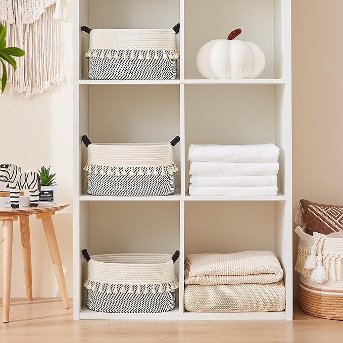 Storage Bins Woven Baskets for Storage Set of 3, Cotton Rope Basket with Handles for Toys/Shelves/Laundry, Rectangle Multi-Purpose Organizer for Living Room, Bedroom, Nursery (White/Black)