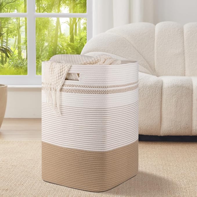 Laundry Basket, Large Woven Rope Tall Laundry Basket with Handles, Decorative Storage Basket for Clothes and Blankets in Living room, Bedroom