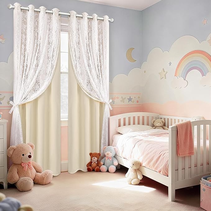 Yinhua Blackout Curtains for Bedroom Double Layer Beige Curtains for Living Room 84 Inches Long Nursery Curtain with Tiebacks, Thermal Insulation Grommet Drapes for Toddler, 52" W x 84" L