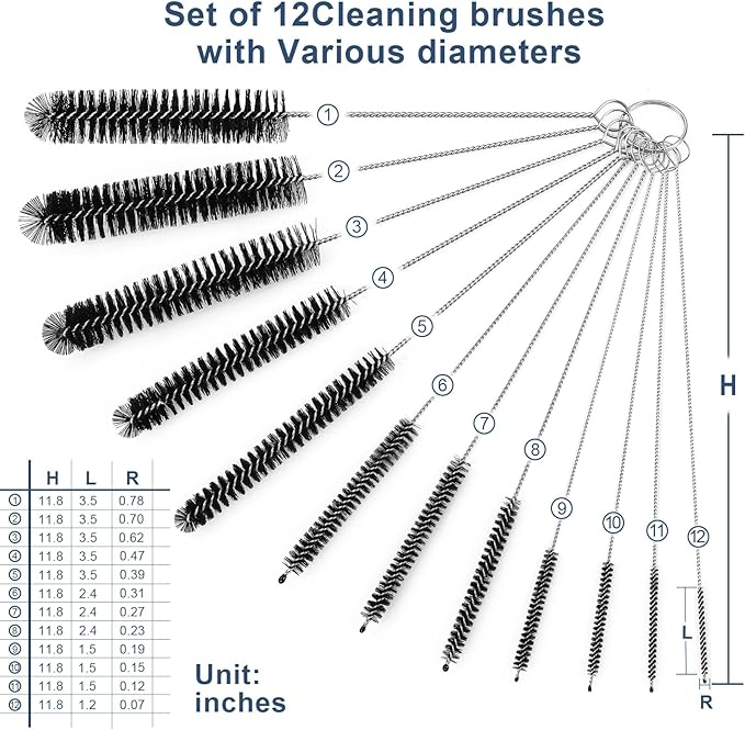 Ixiaoyoo Straw Cleaner Brush Set, 12 Pieces Botthle Cleaning Brush and Nylon Tube Brush Brush, 11.8 Inch Long Cleaning Brush Kit for Water Bottle, Straws on Tumbler, Sippy Cup, Tea Pot Spout