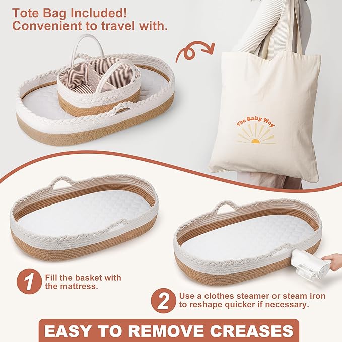 Moses Basket by The Baby Wey, Moses Baskets for Newborn, Baby Changing Basket, 2 Washable Waterproof Pad Covers, Diaper Caddy, Tote Bag, Portable Changing Pad