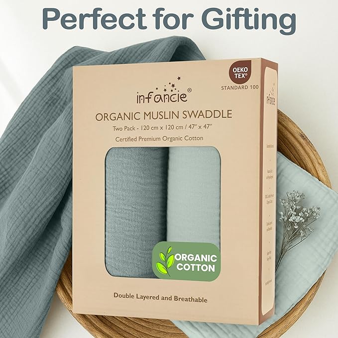 100% Organic Cotton Muslin Baby Blanket - 47 x 47 Inch Breathable Swaddle Blankets for Newborns, Hypoallergenic Double-Layer, Soft and Cozy Baby Blankets for Everyday Use (Green/Mint Green)
