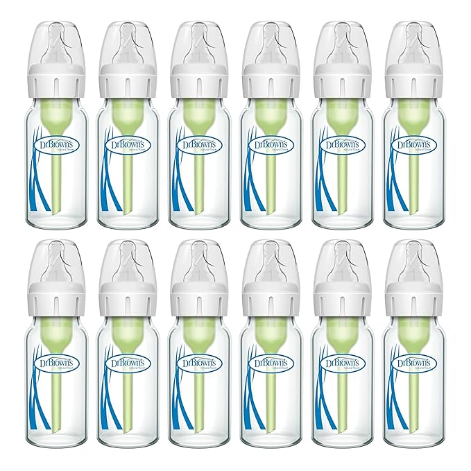 Dr. Brown's Anti-Colic Options+ Narrow Glass Baby Bottle with Level 1 Slow Flow Nipple, BPA-Free, 4 oz/120mL, 1 Count (Pack of 12)