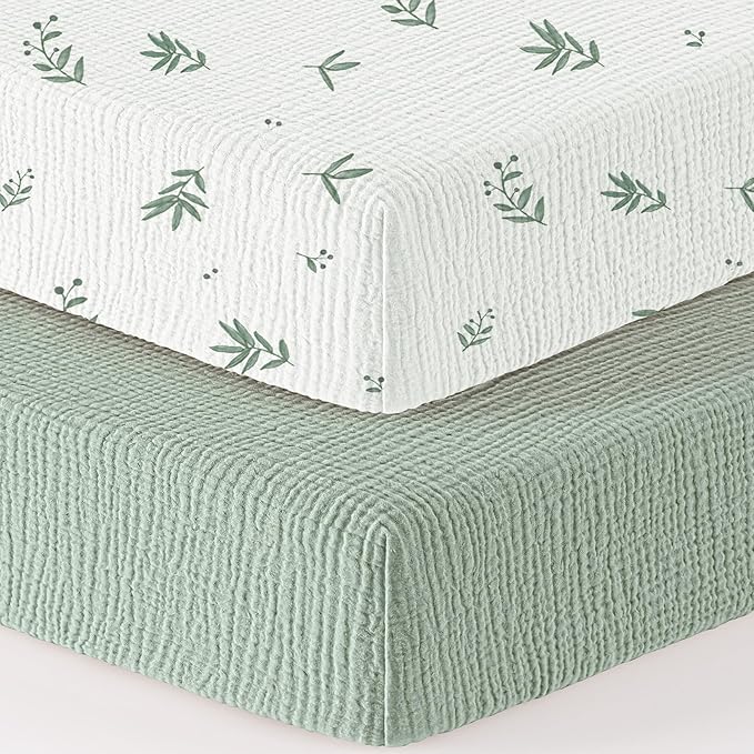Bearmoss Muslin Crib Sheets - 100% Cotton Baby Crib Sheets Fitted for Standard Crib Mattress & Toddler Bed Mattress 52"x28" Soft Breathable Crib Sheet Neutral for Boys Girls - 2 Pack (Bamboo)