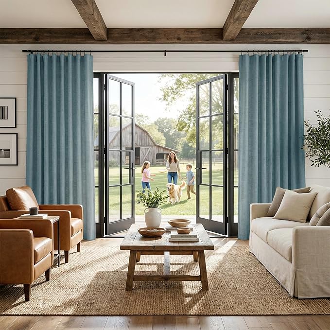 NICETOWN Skylark Blue Living Room Completely Shaded Linen Textured Draperies, 2 Pieces, W52 x L84, Privacy Protection & Noise Reducing Ring Top Drapes, White Lined Insulated Window Treatment Curtains