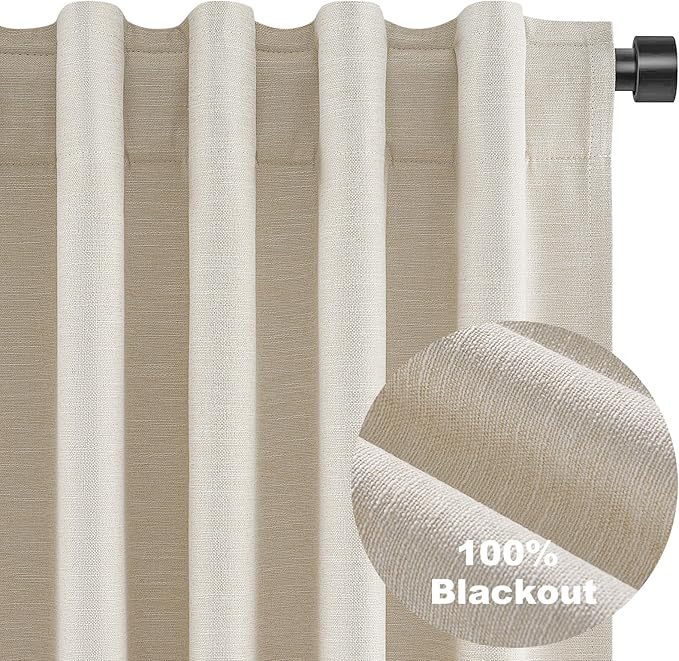 Topfinel 95 Inch Curtains Linen Blackout Curtains 2 Panel Set 100% Blackout Heat Reducing Room Darkening Curtains for Bedroom/Dorm UV Blocking/Noise Canceling Ivory Cream Drapes Back Tab Hooks&Rings