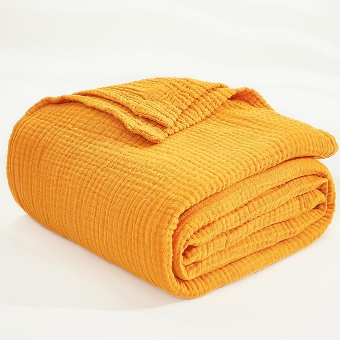 EMME Cotton Muslin King Blanket Bed Layering Breathable Gauze Blanket Soft Lightweight Blankets Adults (Mustard Yellow, 108"x90")