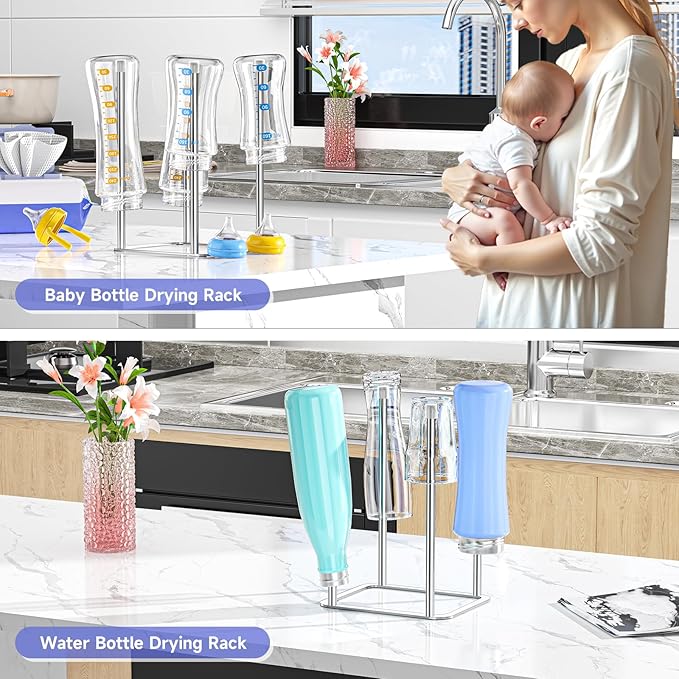 XILIMEN Water Bottle Drying Rack Reusable Bottle Rack Dryer Kitchen Stand Holder Metal Countertop Baby Bottle Drying Rack Water Cup Drying Rack for Plastic Bags, Bottles and Cups (Sliver, Small)