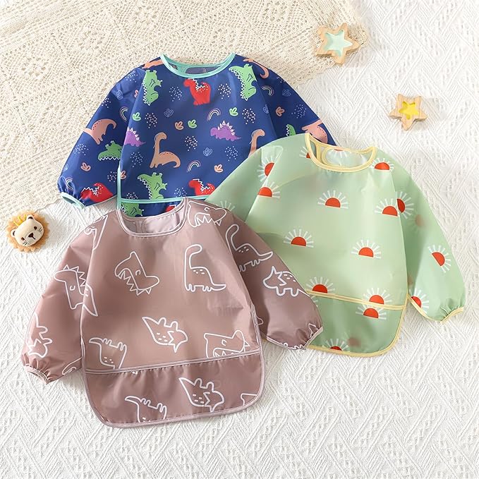 Hafftnun Long Sleeved Bibs,5 PCS Waterproof Wearable Bibs with Sleeves,Baby Feeding Smock 6-30 Months