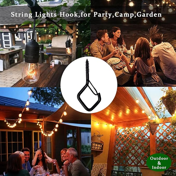 80 Pcs Outdoor Hooks for String Lights,Screw Hooks for Hanging Plants,Ceiling Hooks with Safety Buckle,Square Hanger for Wind Chimes,Bird Feeder,Lanterns,Christmas Decorations Black