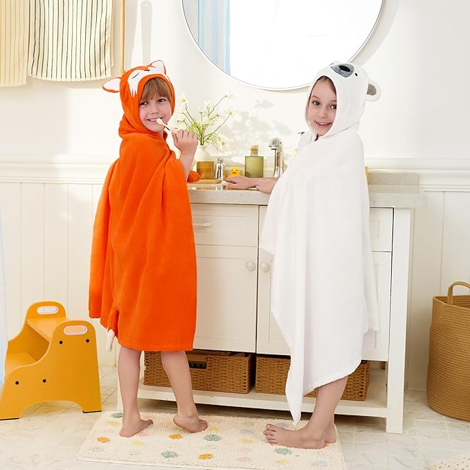 Joiedomi Hooded Towel for Kids Soft 100% Cotton Bath Beach Towel 30" x 50" for Kids 3-10 Years Toddler Pool Poncho with Hood Absorbent Swim Wrap for Boys Girls Orange Fox