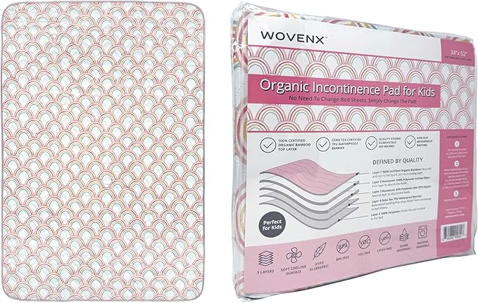 WOVENX Organic Incontinence Pads for Kids & Toddlers - 5 Layer Waterproof Protectors for Overnight Bed Wetting - Reusable & Washable Pee Pads - Fits Twin to Full Size Beds - 34" x 52" Rainbow